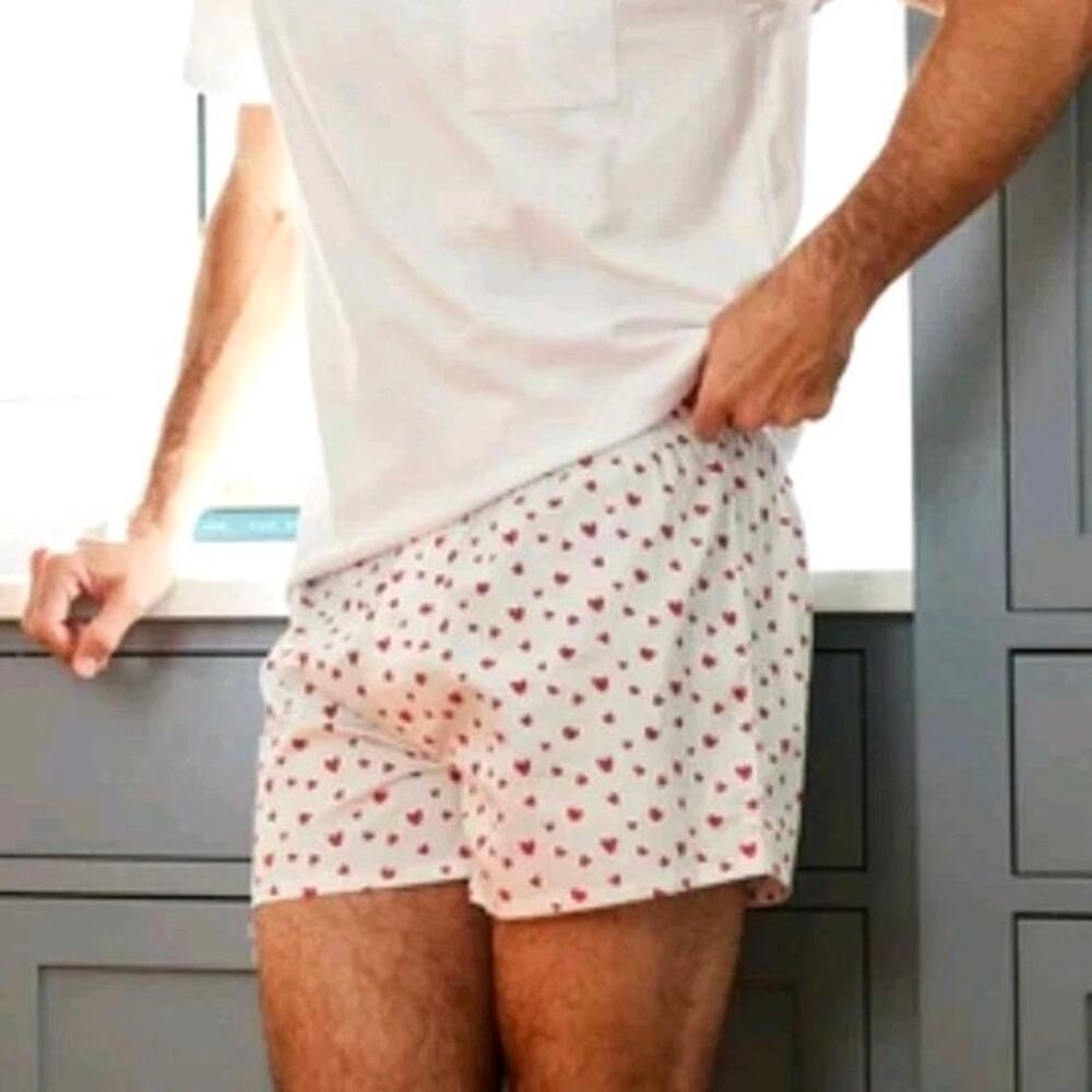 NWOT LAKE Men's Poplin Boxer in Red Mini Heart | White Valentine Boxer Shorts S